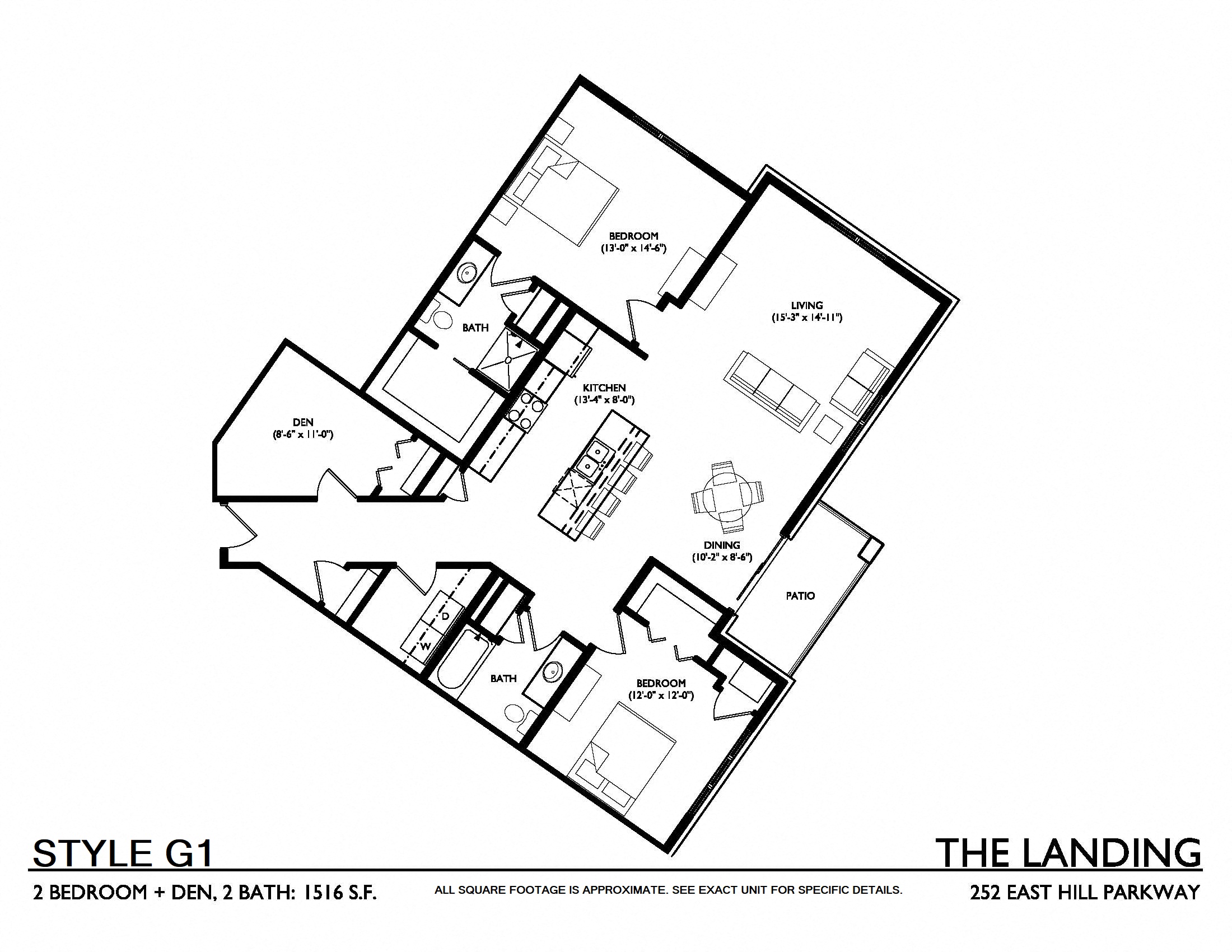 Floor plan for 2 beds, 2 baths, 1516 sqft